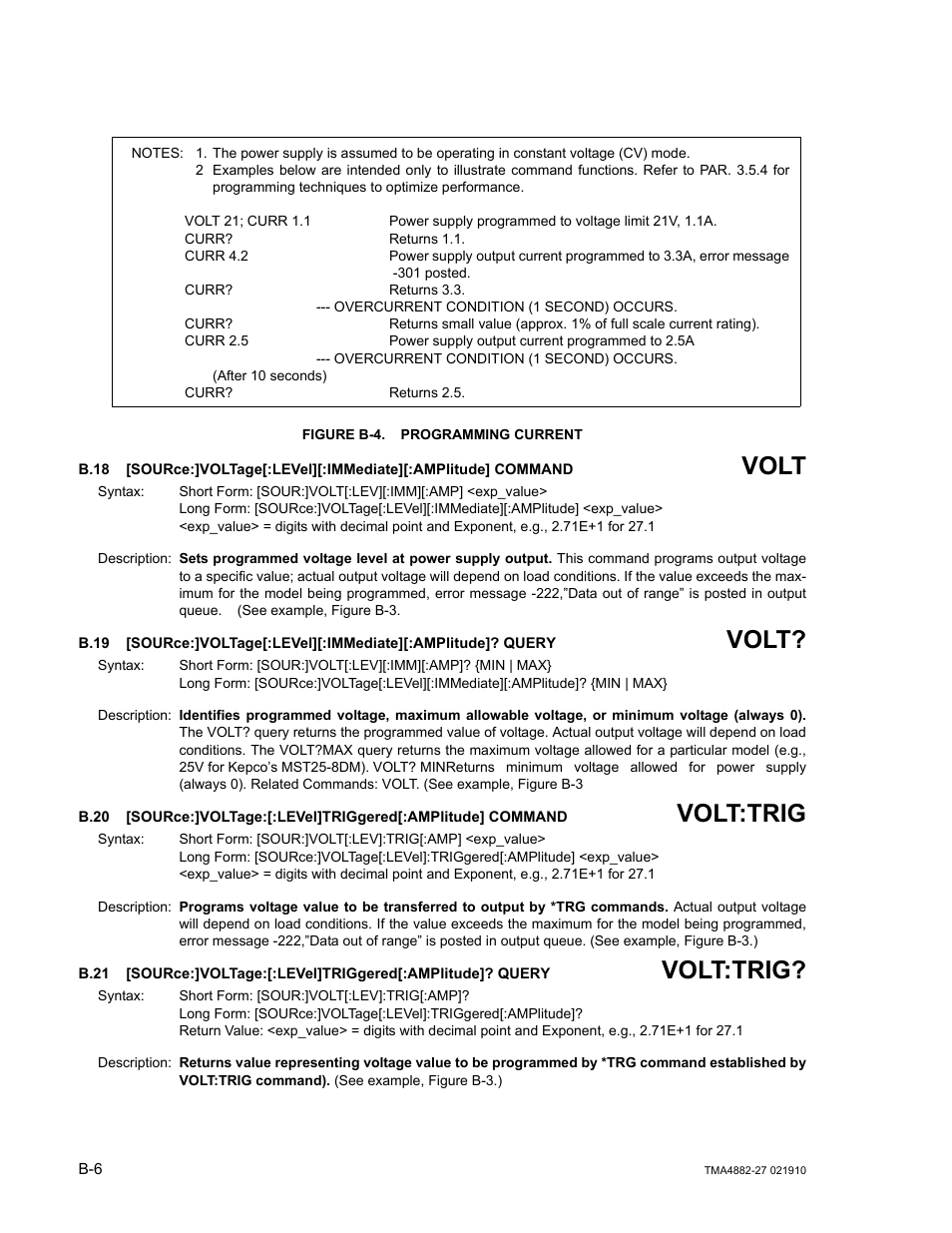 Figure b-4. programming current, B.18, Sour | B.19, B.20, B.21, B.18, b.19, Volt, Volt:trig | KEPCO TMA 4882-27 User Manual | Page 58 / 72
