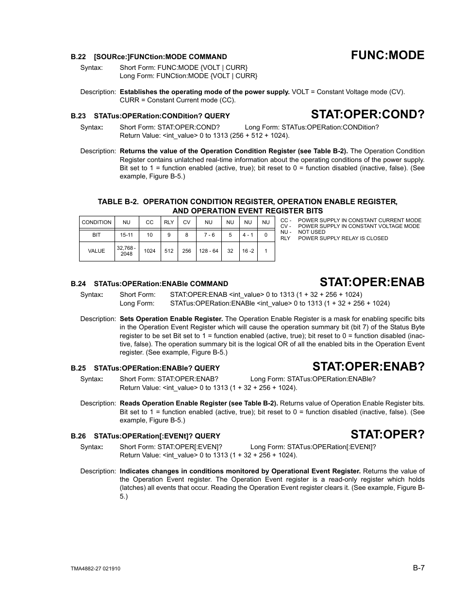 B.22 [source:]function:mode command, B.23 status:operation:condition? query, B.24 status:operation:enable command | B.25 status:operation:enable? query, B.26 status:operation[:event]? query, B.22, Sour, B.23, Stat, B.24 | KEPCO TMA 4882-27 User Manual | Page 59 / 72