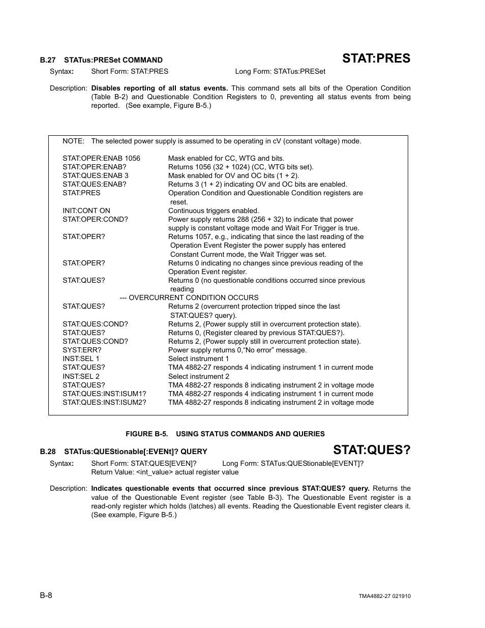 B.27 status:preset command, Figure b-5. using status commands and queries, B.28 status:questionable[:event]? query | B.27, Stat, B.28, Stat:pres, Stat:ques | KEPCO TMA 4882-27 User Manual | Page 60 / 72