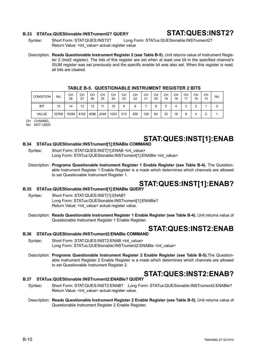 B.33 status:questionable:instrument2? query, Table b-5. questionable instrument register 2 bits, B.37 status:questionable:instrument2:enable? query | B.33, Stat, B.34, B.35, B.36, B.37, Questionable instrument register 2 bits | KEPCO TMA 4882-27 User Manual | Page 62 / 72