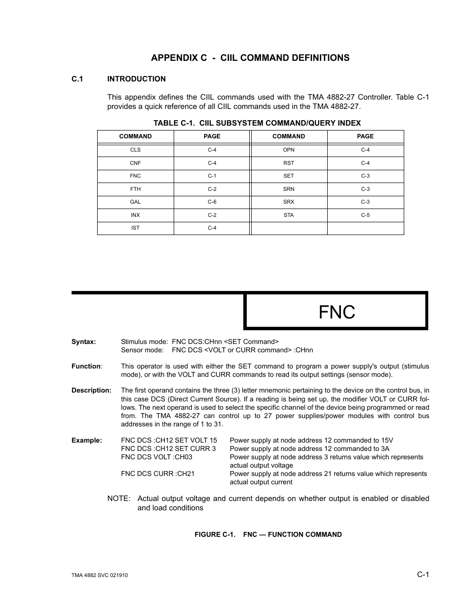 Appendix c - ciil command definitions, Table c-1. ciil subsystem command/query index, Figure c-1. fnc — function command | KEPCO TMA 4882-27 User Manual | Page 67 / 72