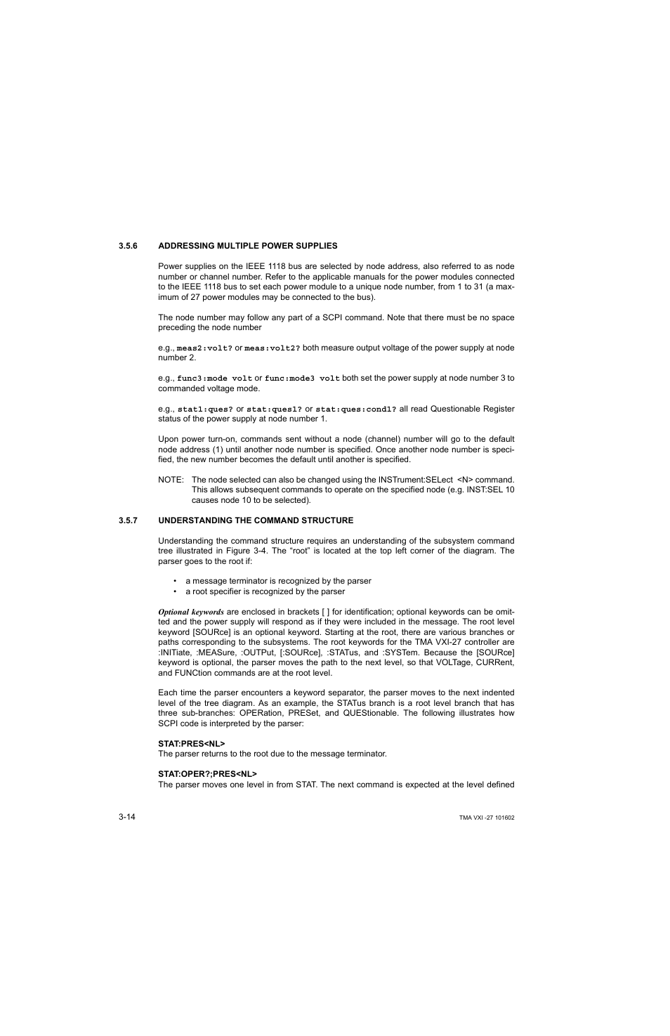 6 addressing multiple power supplies, 7 understanding the command structure, Addressing multiple power supplies -14 | Understanding the command structure -14 | KEPCO TMA VXI-27 User Manual | Page 31 / 79