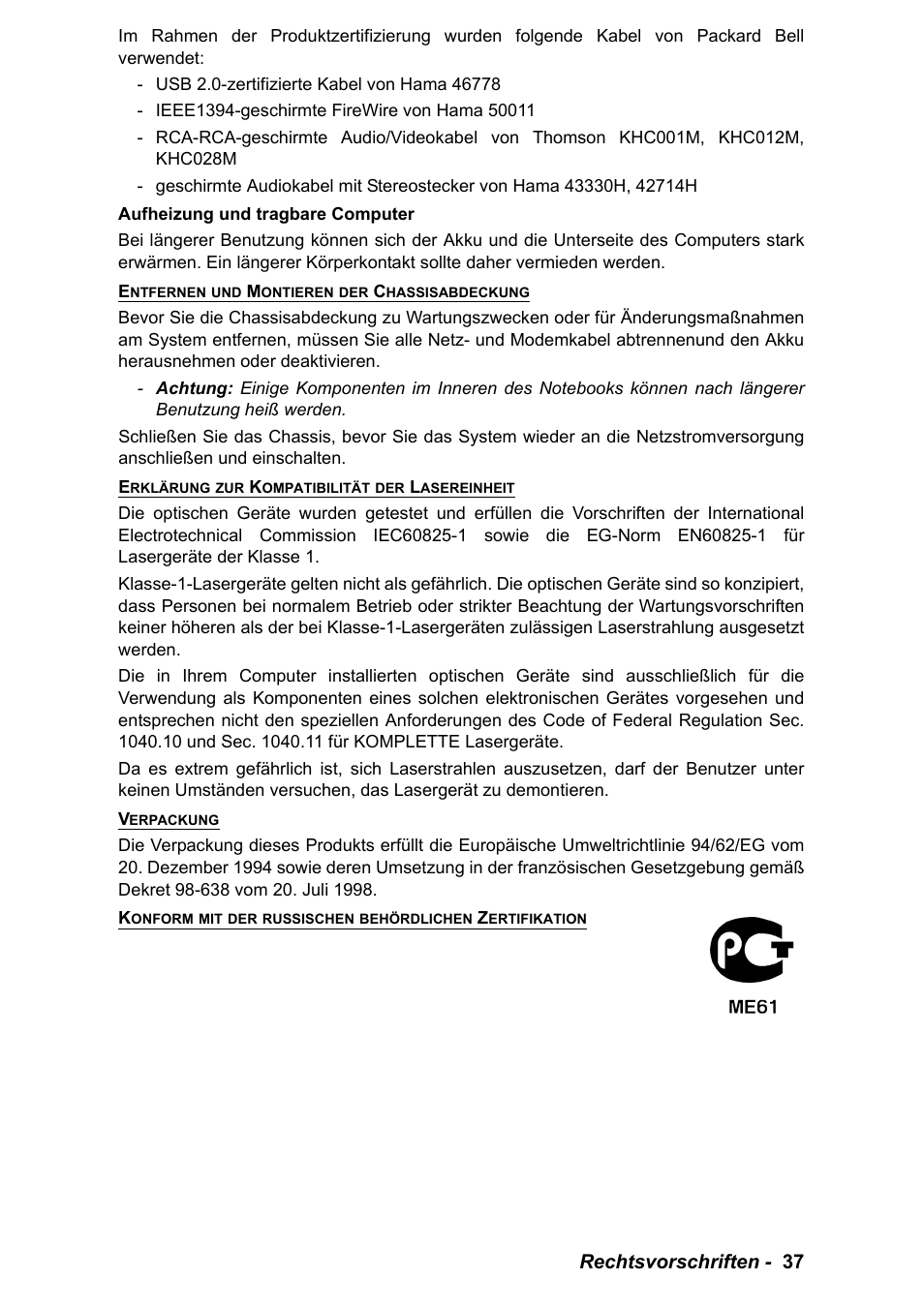 Rechtsvorschriften - 37 | PACKARD BELL EN LV11HC Quick Start Guide User Manual | Page 117 / 920