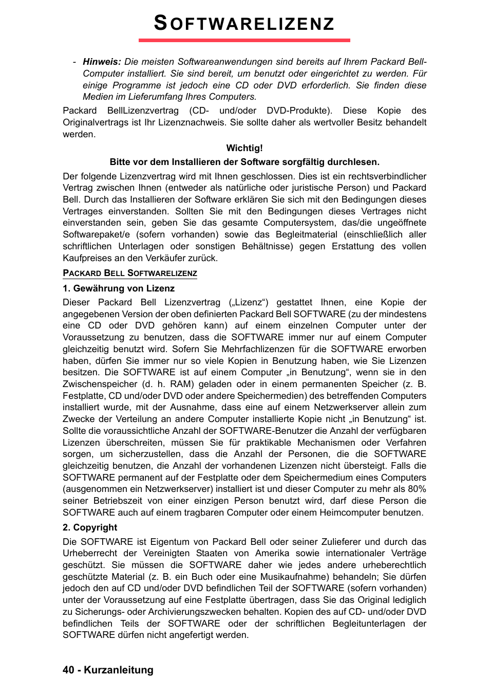 Softwarelizenz, Oftwarelizenz | PACKARD BELL EN LV11HC Quick Start Guide User Manual | Page 120 / 920