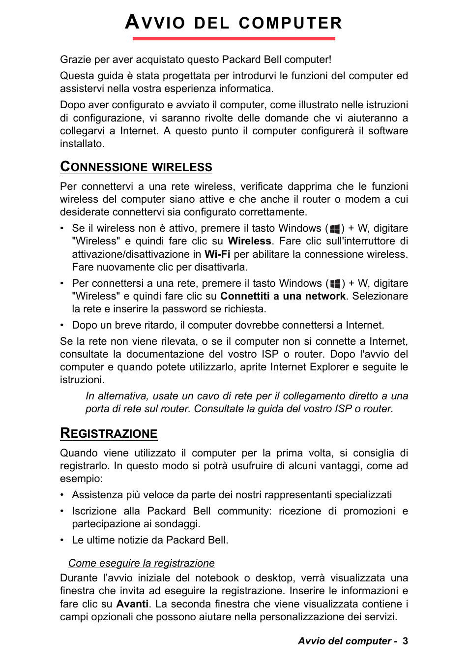 Avvio del computer, Connessione wireless, Registrazione | Connessione wireless registrazione, Vvio, Computer | PACKARD BELL EN LV11HC Quick Start Guide User Manual | Page 125 / 920