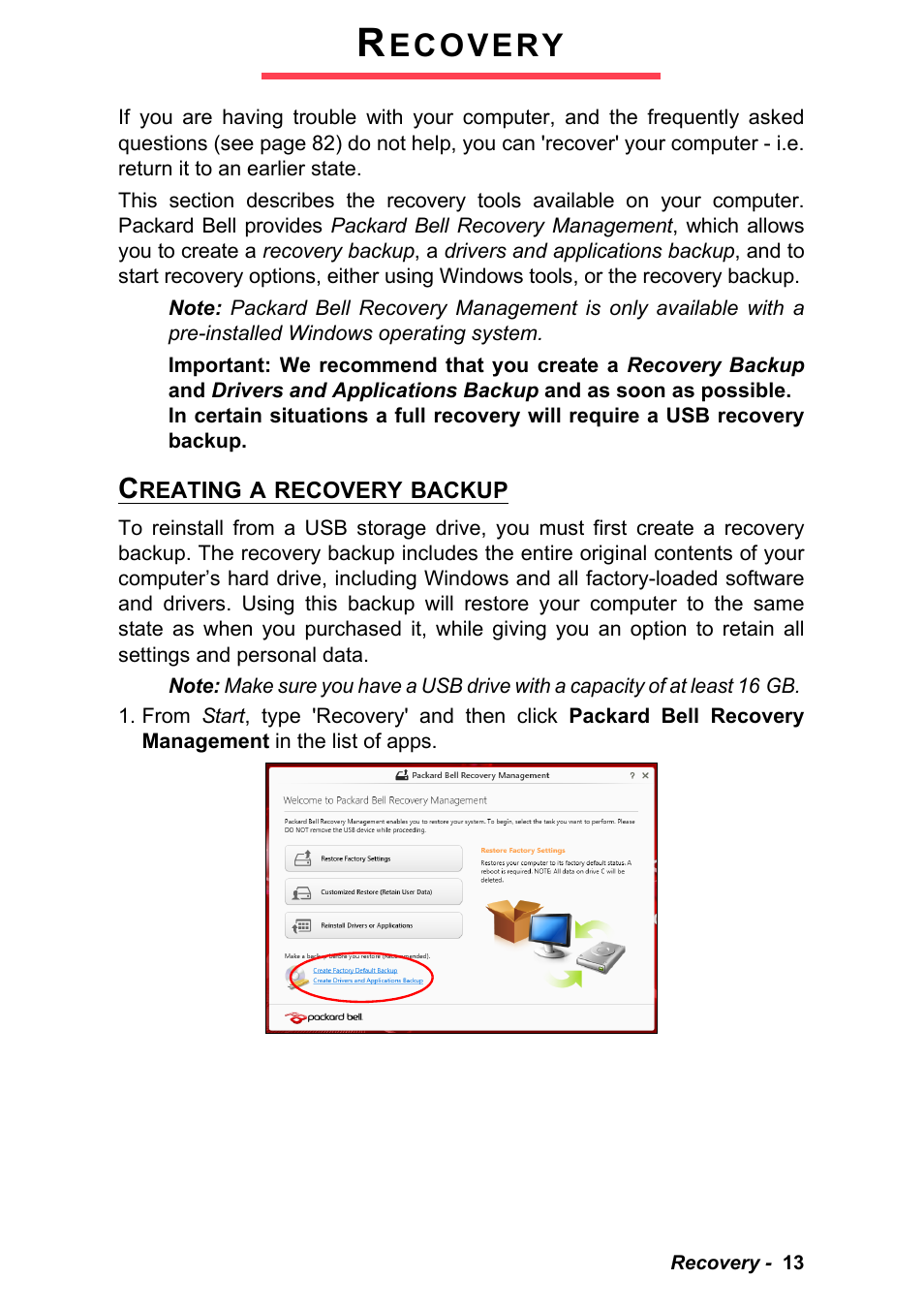 Recovery, Creating a recovery backup, Ecovery | PACKARD BELL EN LV11HC Quick Start Guide User Manual | Page 15 / 920