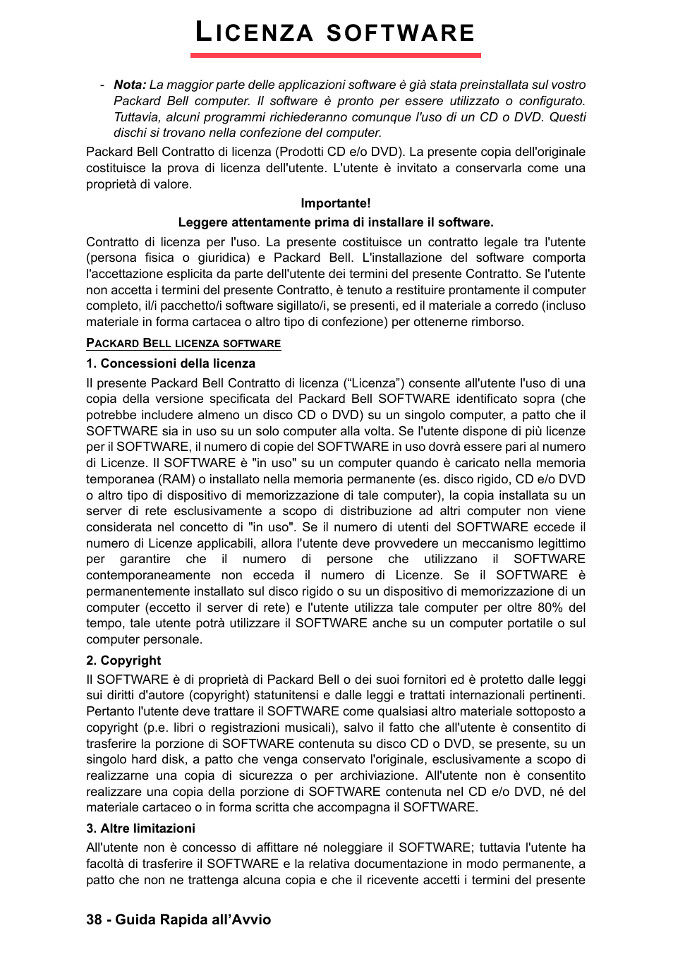 Licenza software, Icenza, Software | PACKARD BELL EN LV11HC Quick Start Guide User Manual | Page 160 / 920