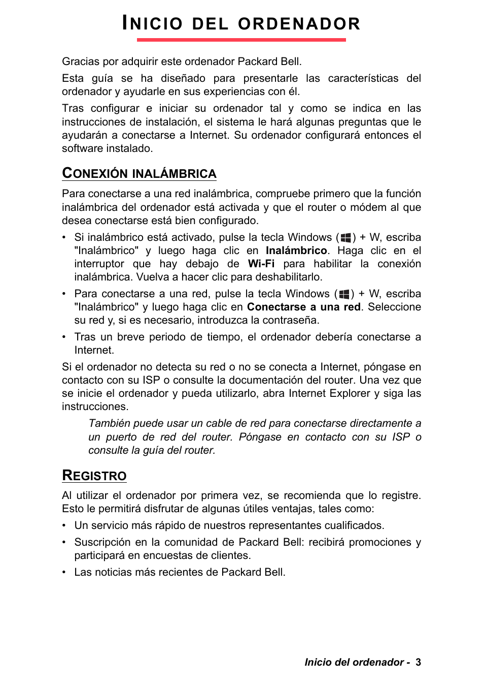 Inicio del ordenador, Conexión inalámbrica, Registro | Conexión inalámbrica registro, Nicio, Ordenador | PACKARD BELL EN LV11HC Quick Start Guide User Manual | Page 165 / 920