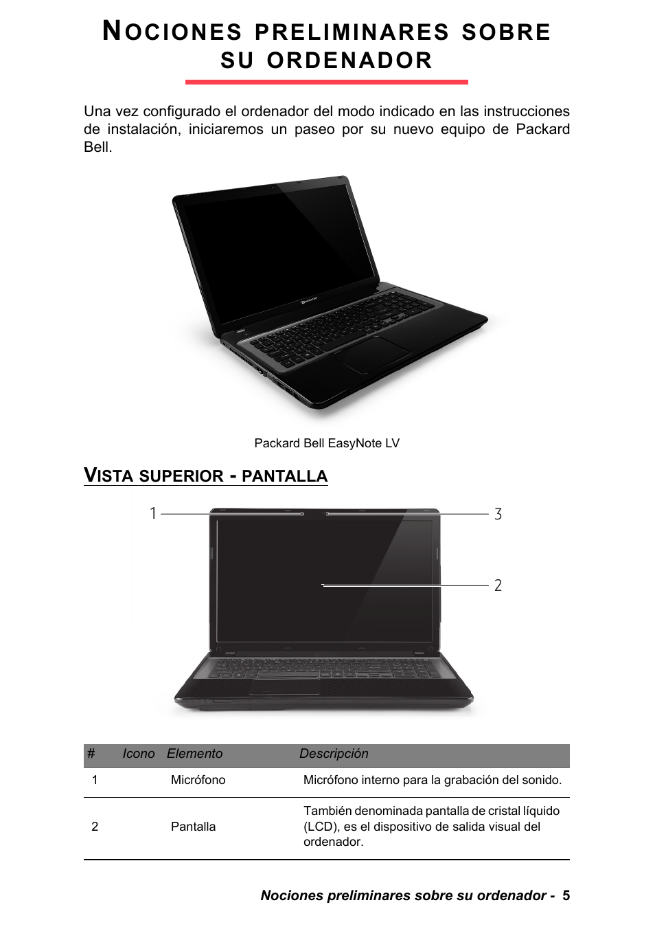 Nociones preliminares sobre su ordenador, Vista superior - pantalla, Packard bell easynote lv | Ociones, Preliminares, Sobre, Ordenador | PACKARD BELL EN LV11HC Quick Start Guide User Manual | Page 167 / 920