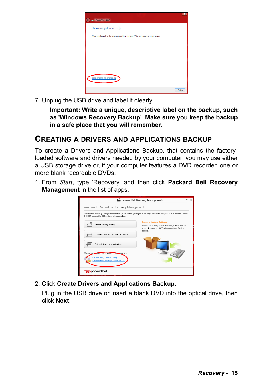 Creating a drivers and applications backup | PACKARD BELL EN LV11HC Quick Start Guide User Manual | Page 17 / 920
