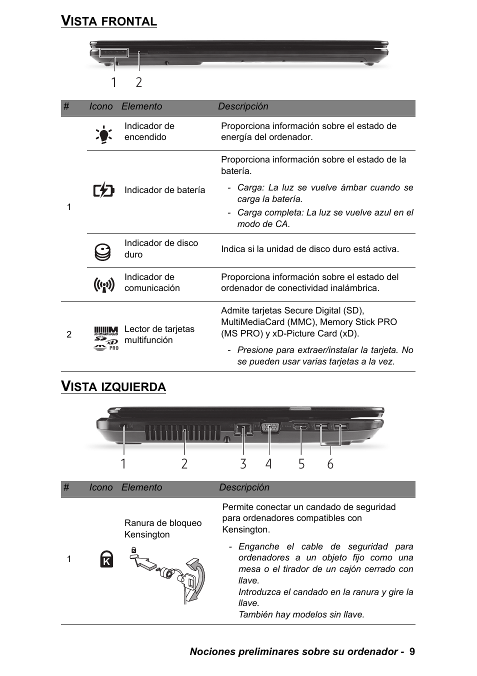 Vista frontal, Vista izquierda, Vista frontal vista izquierda | PACKARD BELL EN LV11HC Quick Start Guide User Manual | Page 171 / 920