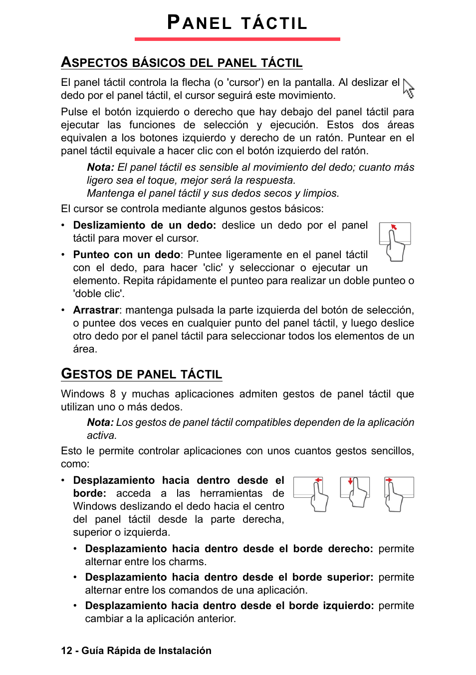 Panel táctil, Aspectos básicos del panel táctil, Gestos de panel táctil | Anel, Táctil | PACKARD BELL EN LV11HC Quick Start Guide User Manual | Page 174 / 920