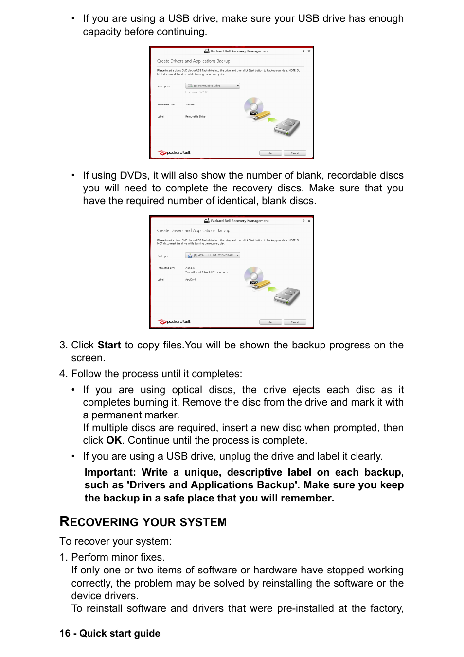 Recovering your system | PACKARD BELL EN LV11HC Quick Start Guide User Manual | Page 18 / 920