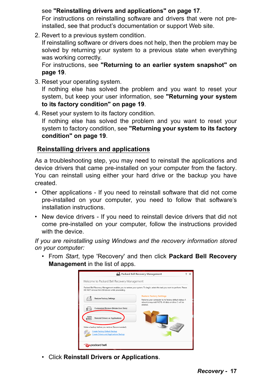 Reinstalling drivers and applications | PACKARD BELL EN LV11HC Quick Start Guide User Manual | Page 19 / 920