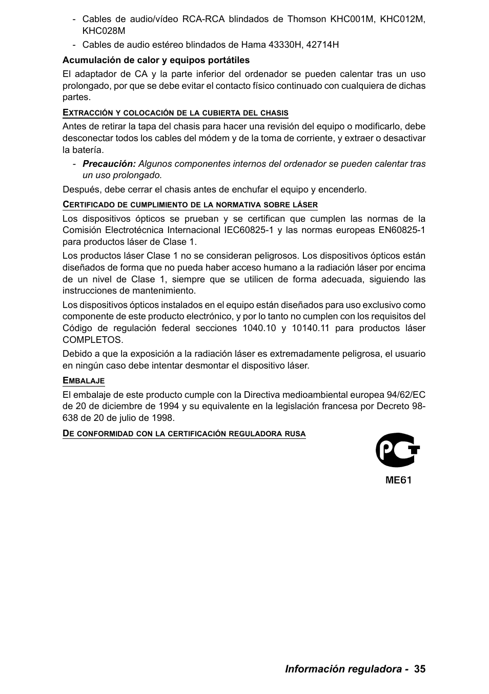 Información reguladora - 35 | PACKARD BELL EN LV11HC Quick Start Guide User Manual | Page 197 / 920