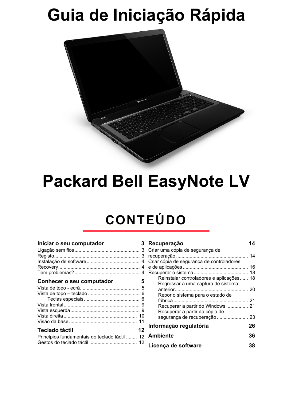 Português, Conteúdo | PACKARD BELL EN LV11HC Quick Start Guide User Manual | Page 203 / 920