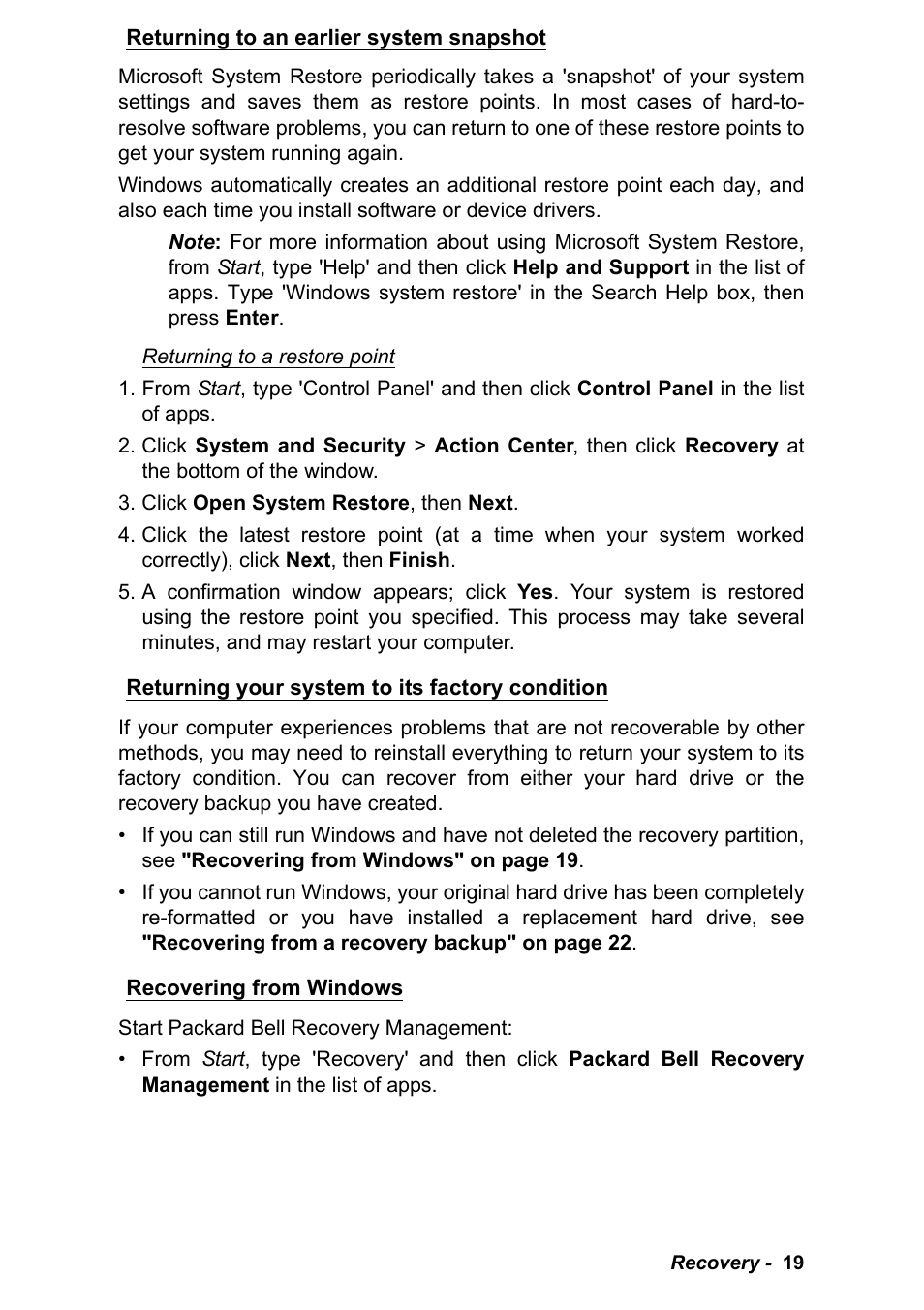Returning to an earlier system snapshot, Returning your system to its factory condition, Recovering from windows | PACKARD BELL EN LV11HC Quick Start Guide User Manual | Page 21 / 920