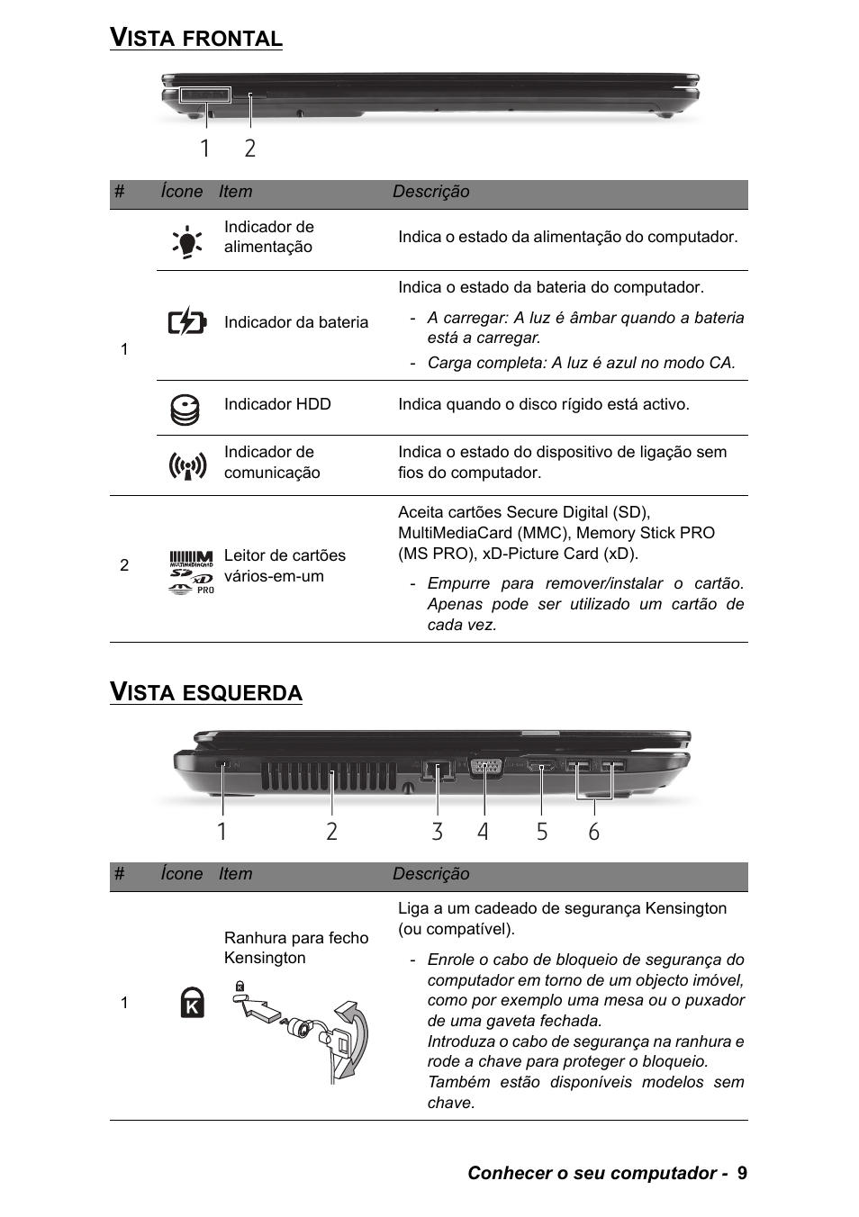 Vista frontal, Vista esquerda, Vista frontal vista esquerda | PACKARD BELL EN LV11HC Quick Start Guide User Manual | Page 211 / 920