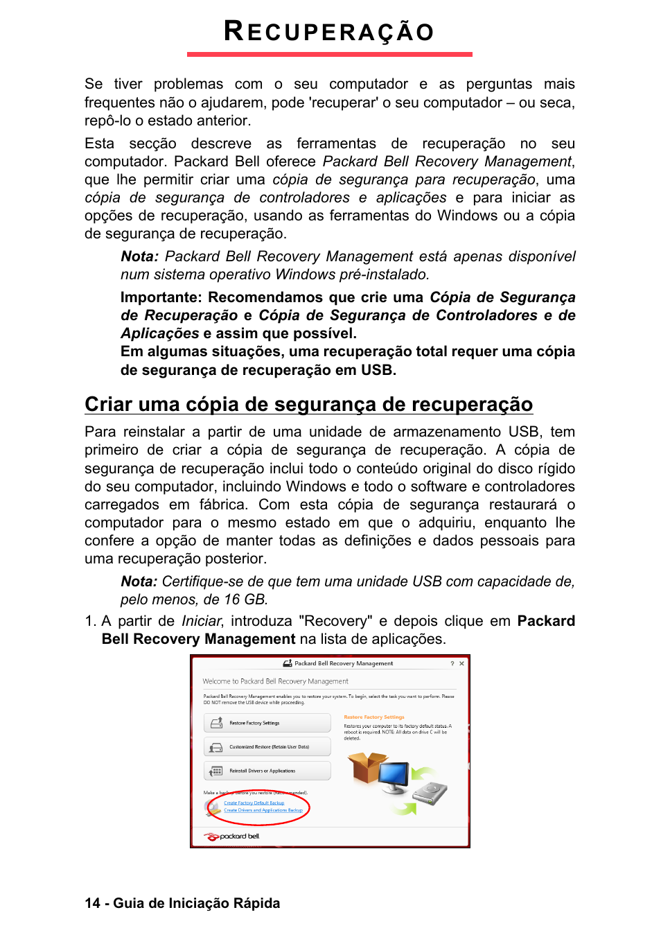 Recuperação, Criar uma cópia de segurança de recuperação | PACKARD BELL EN LV11HC Quick Start Guide User Manual | Page 216 / 920