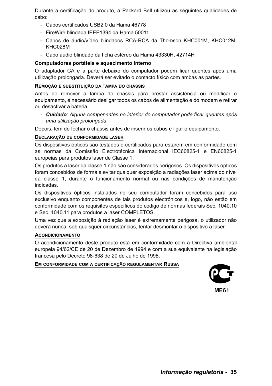 Informação regulatória - 35 | PACKARD BELL EN LV11HC Quick Start Guide User Manual | Page 237 / 920