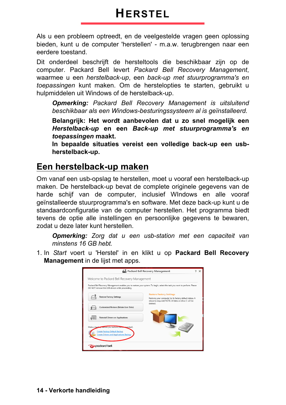 Herstel, Een herstelback-up maken, Erstel | PACKARD BELL EN LV11HC Quick Start Guide User Manual | Page 256 / 920