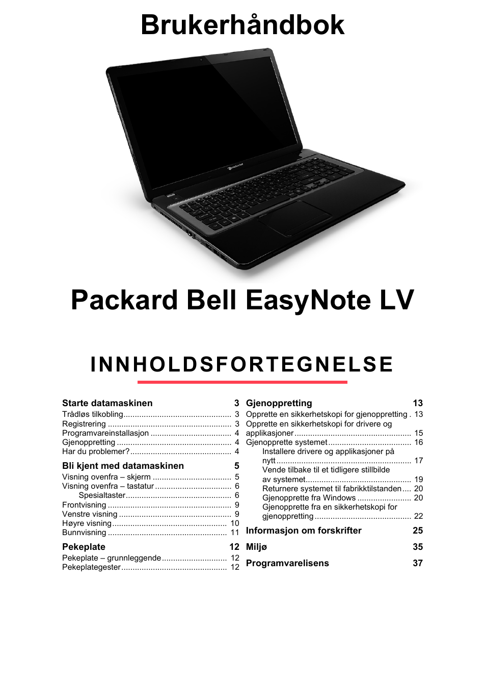 Norsk, Innholdsfortegnelse | PACKARD BELL EN LV11HC Quick Start Guide User Manual | Page 283 / 920