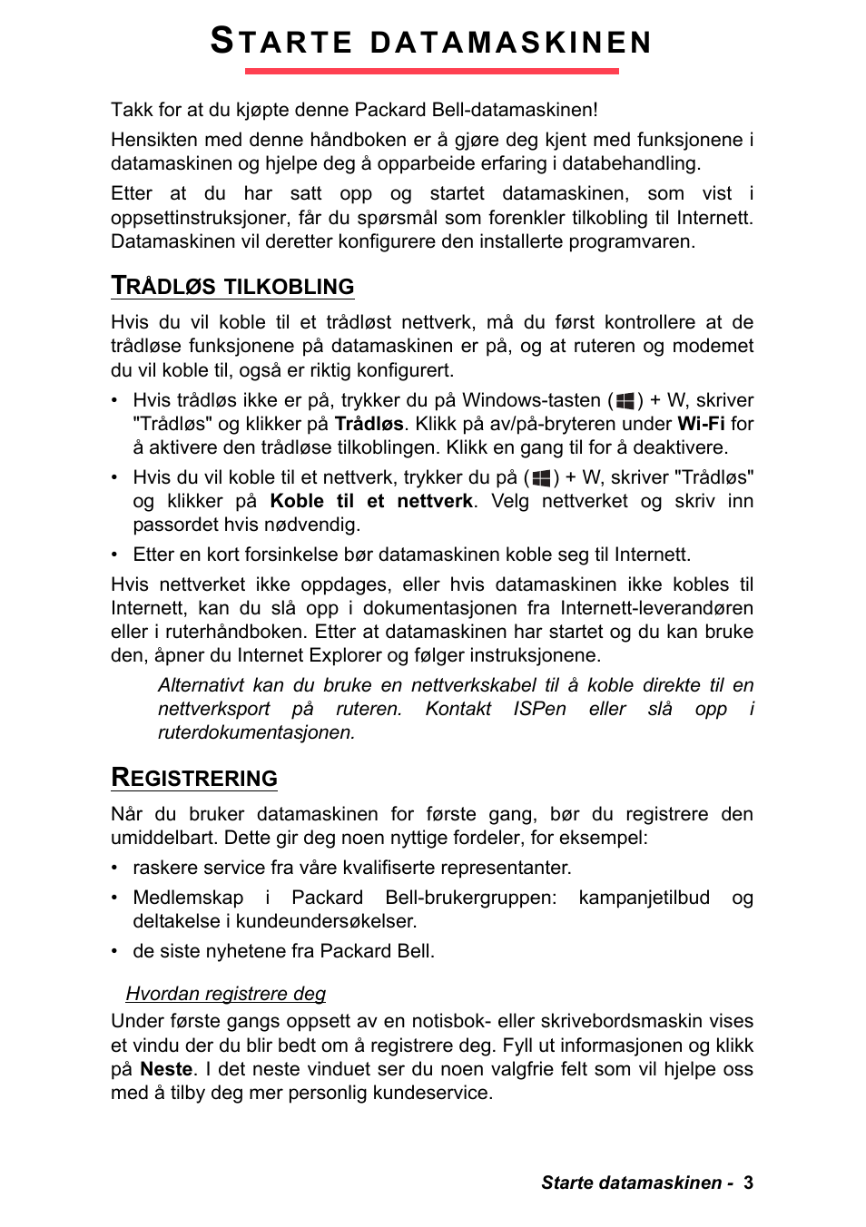 Starte datamaskinen, Trådløs tilkobling, Registrering | Trådløs tilkobling registrering | PACKARD BELL EN LV11HC Quick Start Guide User Manual | Page 285 / 920
