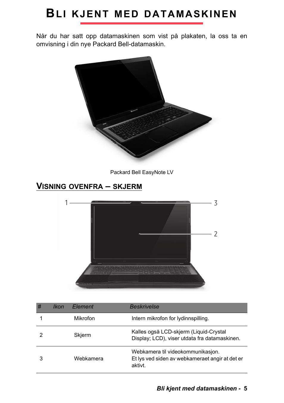 Bli kjent med datamaskinen, Visning ovenfra - skjerm, Packard bell easynote lv | Visning ovenfra – skjerm, M e d | PACKARD BELL EN LV11HC Quick Start Guide User Manual | Page 287 / 920
