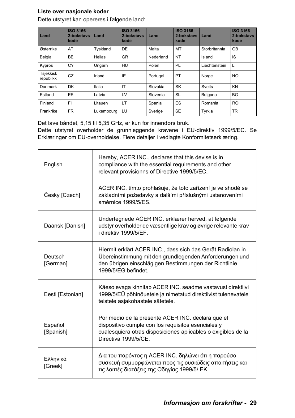 Informasjon om forskrifter - 29 | PACKARD BELL EN LV11HC Quick Start Guide User Manual | Page 311 / 920
