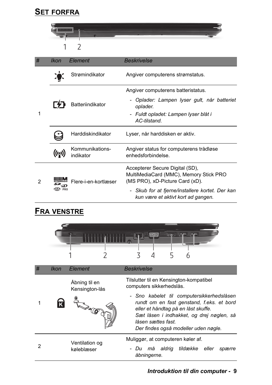 Set forfra, Fra venstre, Set forfra fra venstre | PACKARD BELL EN LV11HC Quick Start Guide User Manual | Page 329 / 920