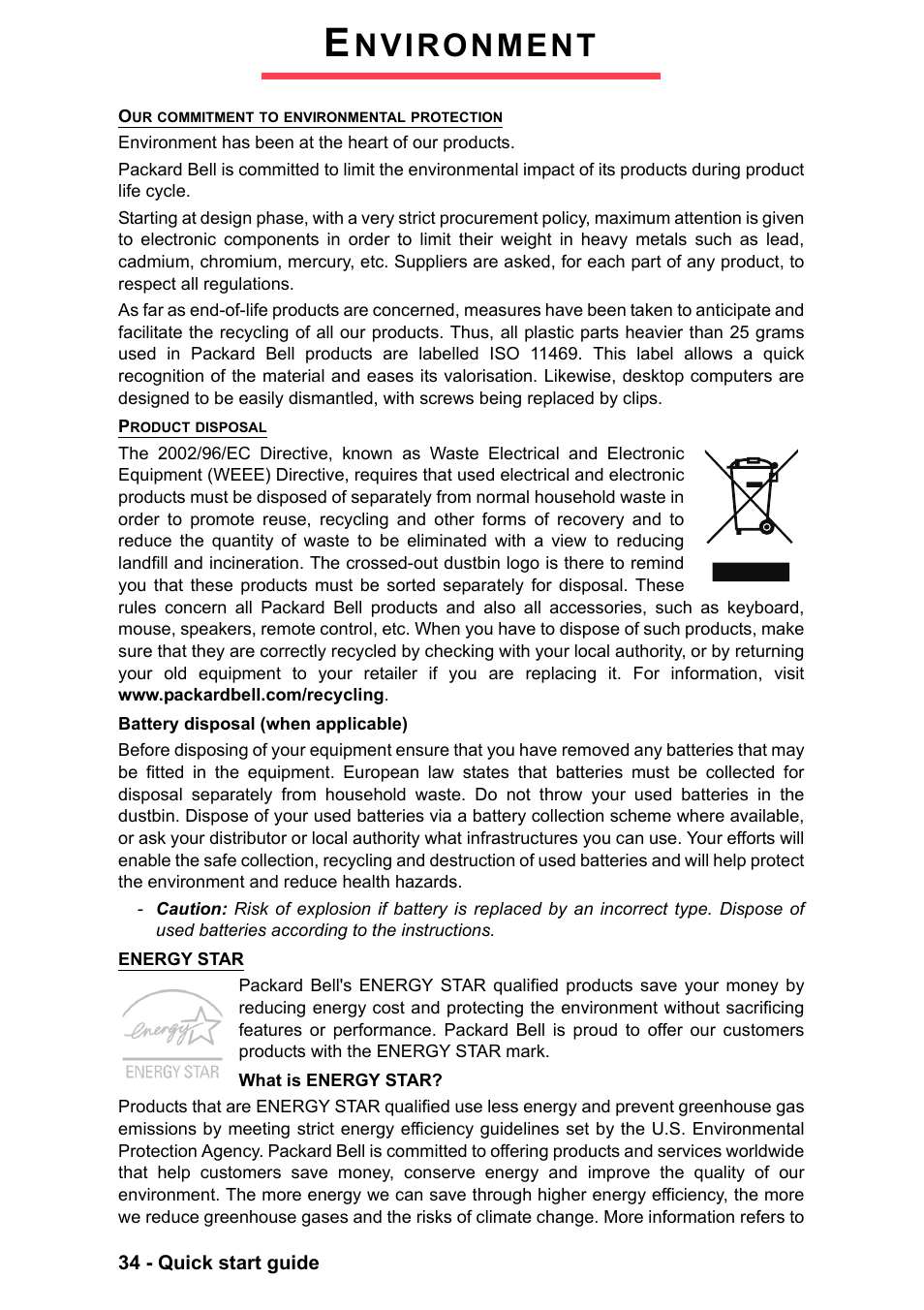 Environment, Nvironment | PACKARD BELL EN LV11HC Quick Start Guide User Manual | Page 36 / 920