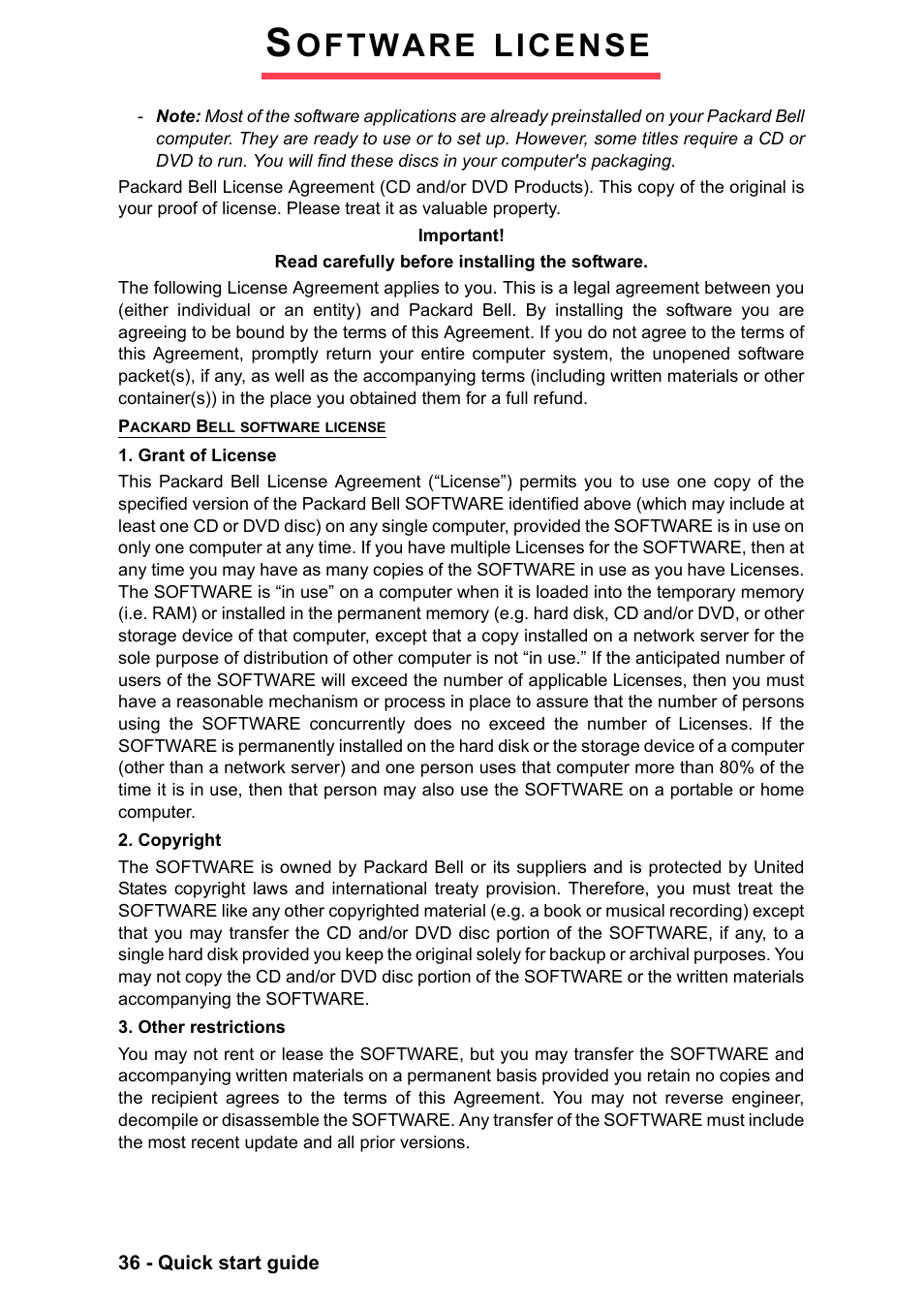 Software license, Oftware, License | PACKARD BELL EN LV11HC Quick Start Guide User Manual | Page 38 / 920