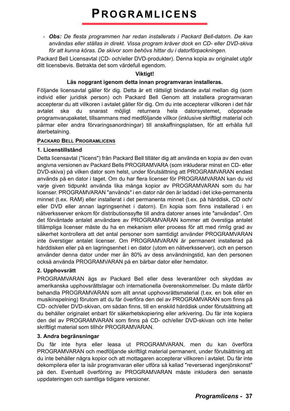 Programlicens | PACKARD BELL EN LV11HC Quick Start Guide User Manual | Page 395 / 920