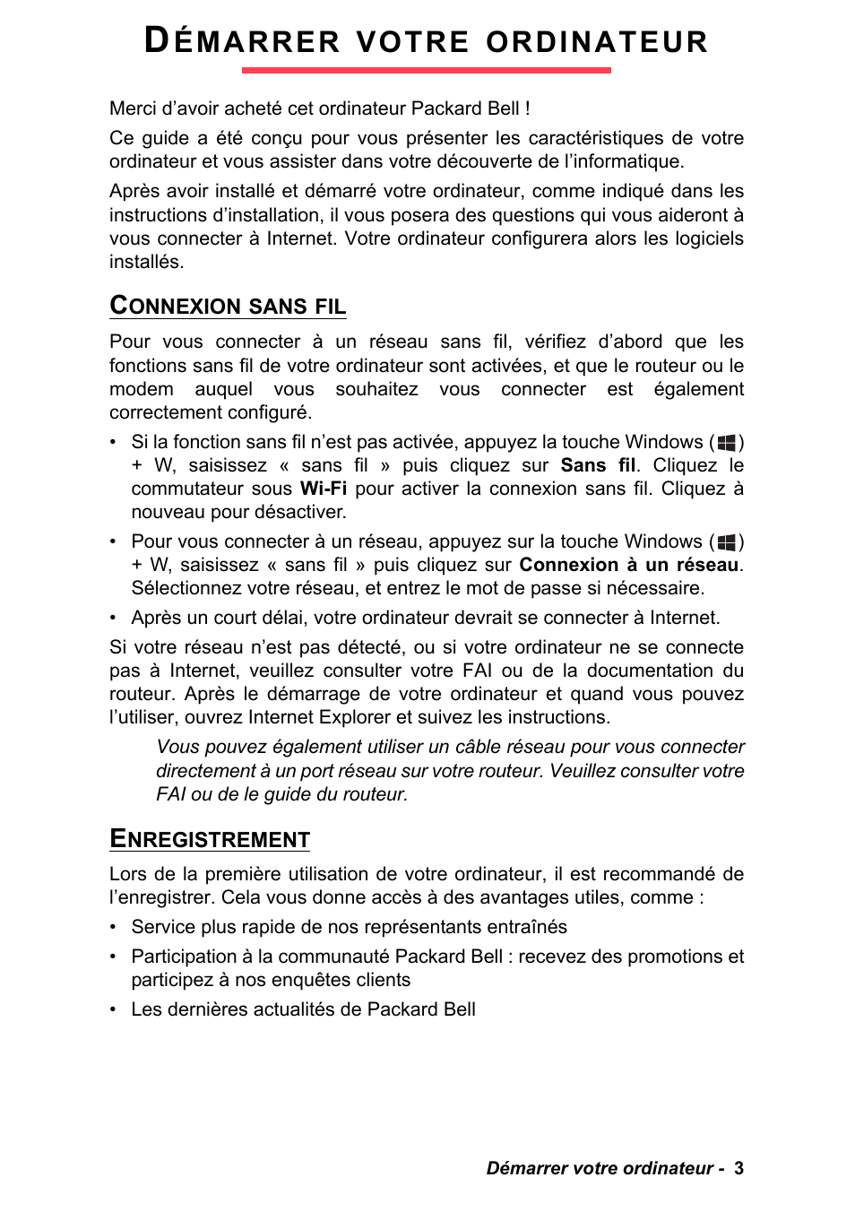 Démarrer votre ordinateur, Connexion sans fil, Enregistrement | Connexion sans fil enregistrement, Émarrer, Votre, Ordinateur | PACKARD BELL EN LV11HC Quick Start Guide User Manual | Page 43 / 920