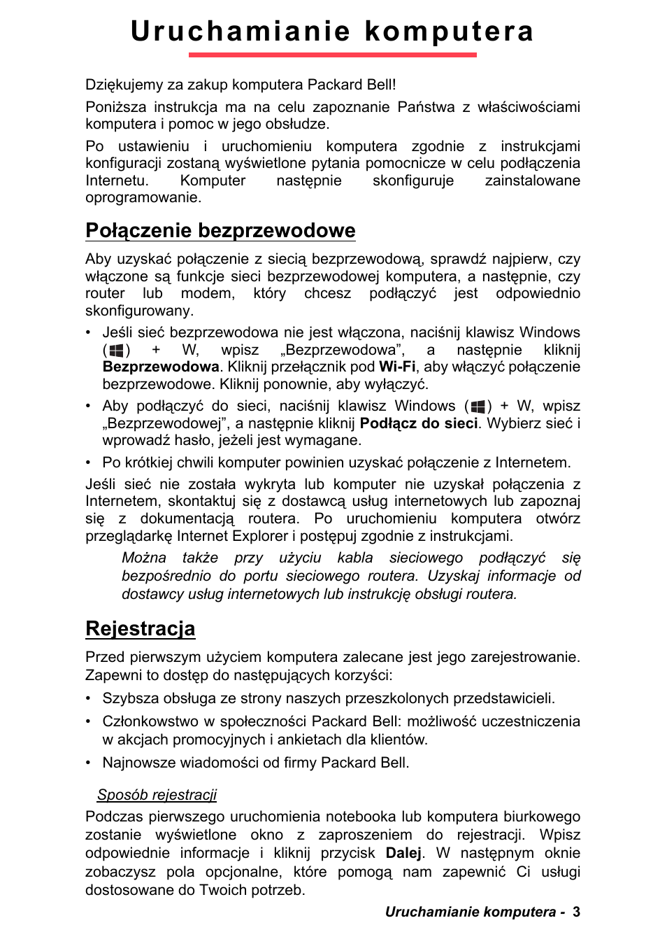 Uruchamianie komputera, Połączenie bezprzewodowe, Rejestracja | Połączenie bezprzewodowe rejestracja | PACKARD BELL EN LV11HC Quick Start Guide User Manual | Page 481 / 920