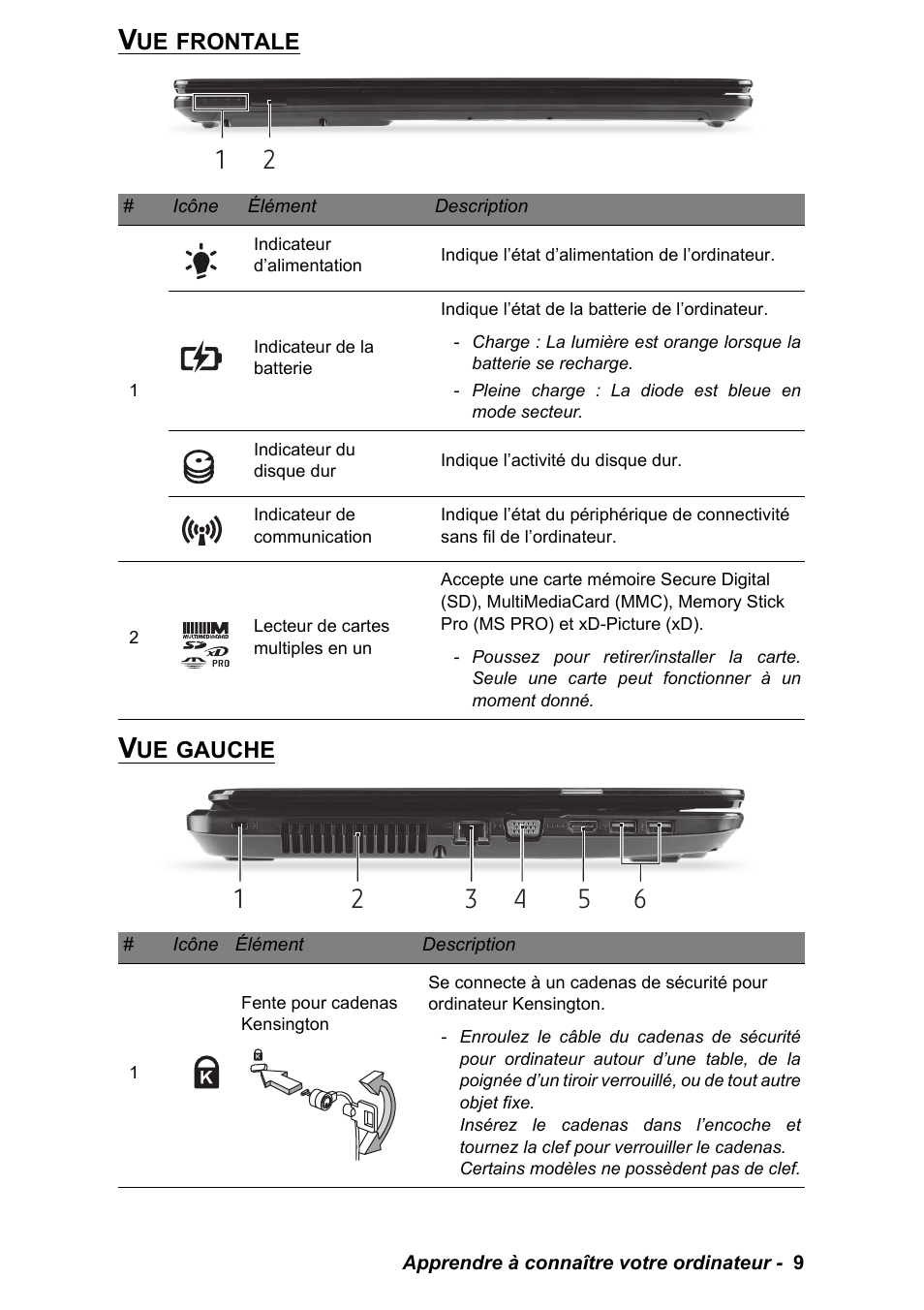 Vue frontale, Vue gauche, Vue frontale vue gauche | PACKARD BELL EN LV11HC Quick Start Guide User Manual | Page 49 / 920