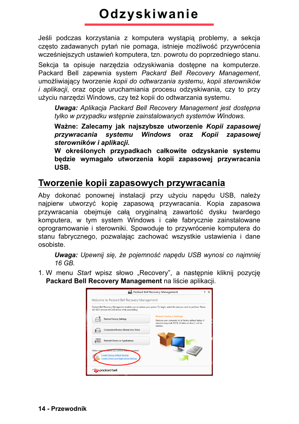 Odzyskiwanie, Tworzenie kopii zapasowych przywracania | PACKARD BELL EN LV11HC Quick Start Guide User Manual | Page 492 / 920