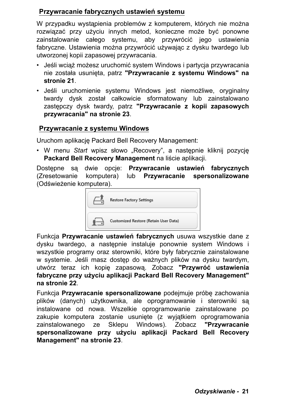 Przywracanie fabrycznych ustawień systemu, Przywracanie z systemu windows | PACKARD BELL EN LV11HC Quick Start Guide User Manual | Page 499 / 920