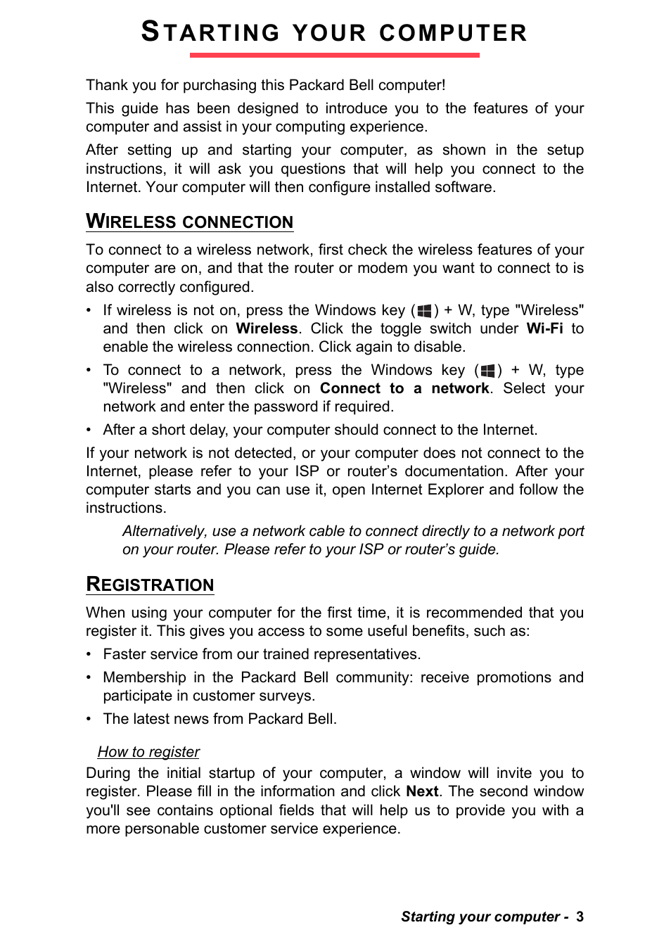 Starting your computer, Wireless connection, Registration | Wireless connection registration, Tarting, Your, Computer | PACKARD BELL EN LV11HC Quick Start Guide User Manual | Page 5 / 920