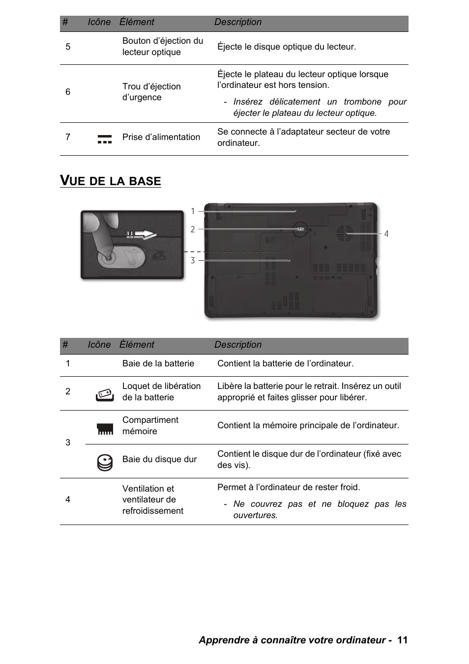 Vue de la base, Base | PACKARD BELL EN LV11HC Quick Start Guide User Manual | Page 51 / 920