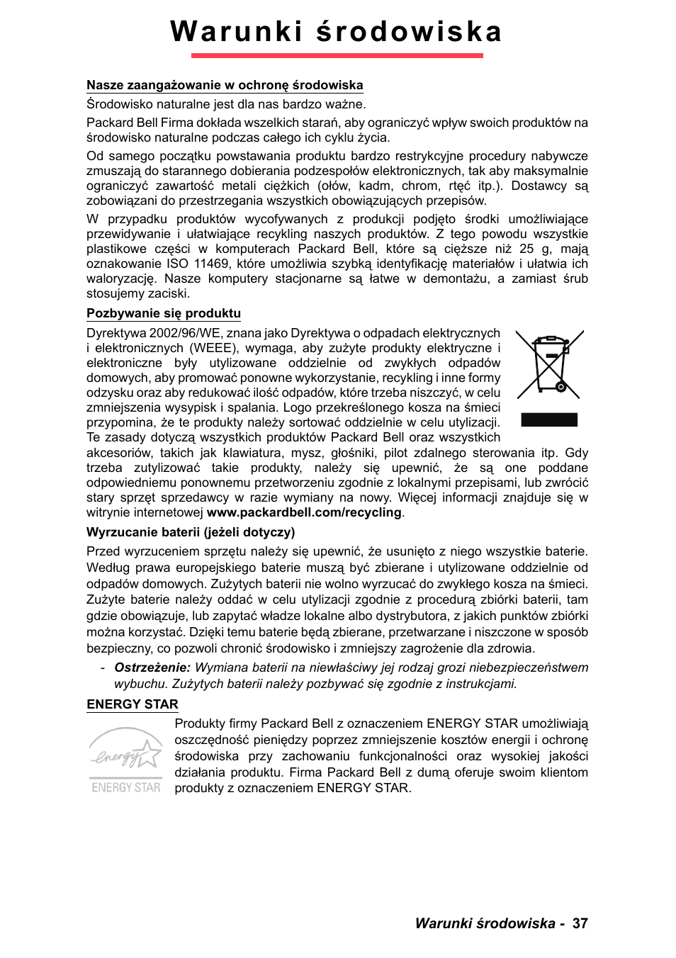 Warunki środowiska | PACKARD BELL EN LV11HC Quick Start Guide User Manual | Page 515 / 920