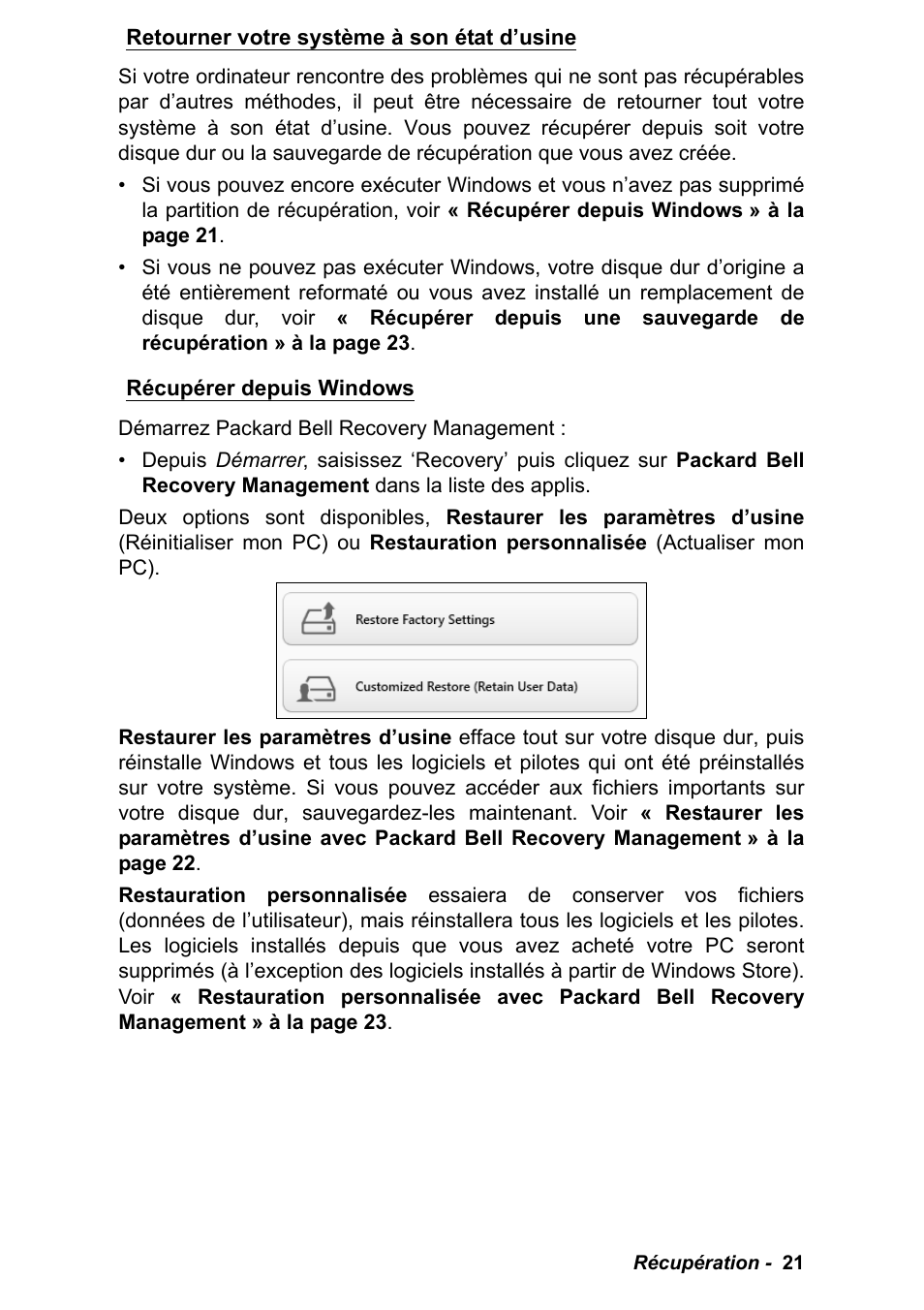 Retourner votre système à son état d’usine, Récupérer depuis windows | PACKARD BELL EN LV11HC Quick Start Guide User Manual | Page 61 / 920