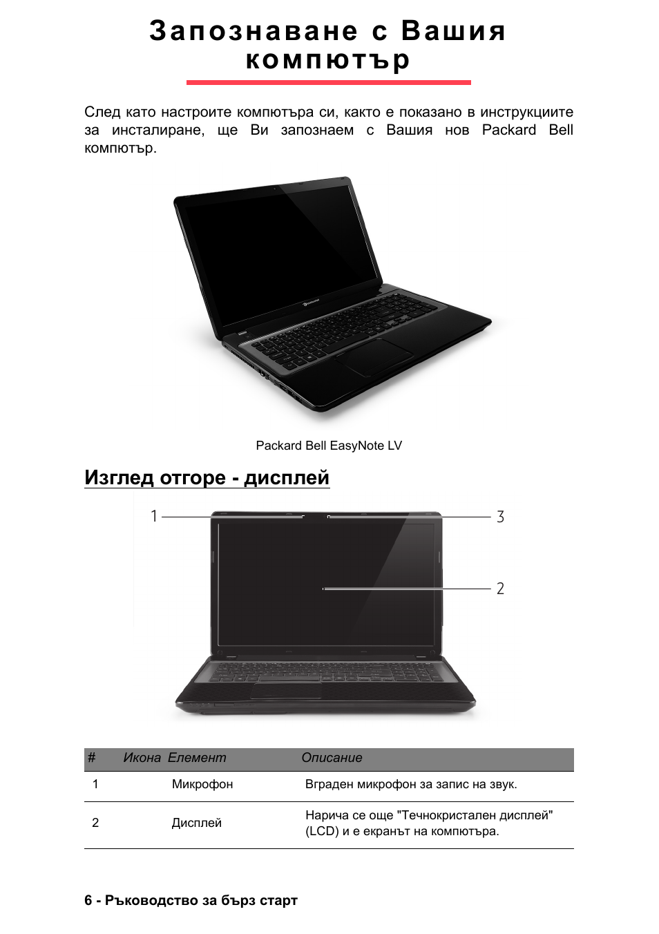 Запознаване с вашия компютър, Изглед отгоре - дисплей, Packard bell easynote lv | PACKARD BELL EN LV11HC Quick Start Guide User Manual | Page 682 / 920