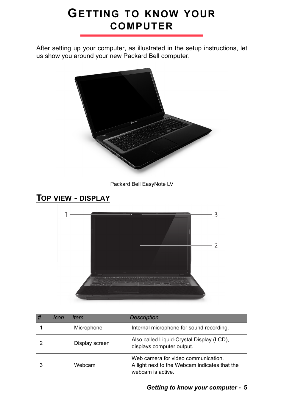 Getting to know your computer, Top view - display, Packard bell easynote lv | Etting, Know, Your, Computer | PACKARD BELL EN LV11HC Quick Start Guide User Manual | Page 7 / 920
