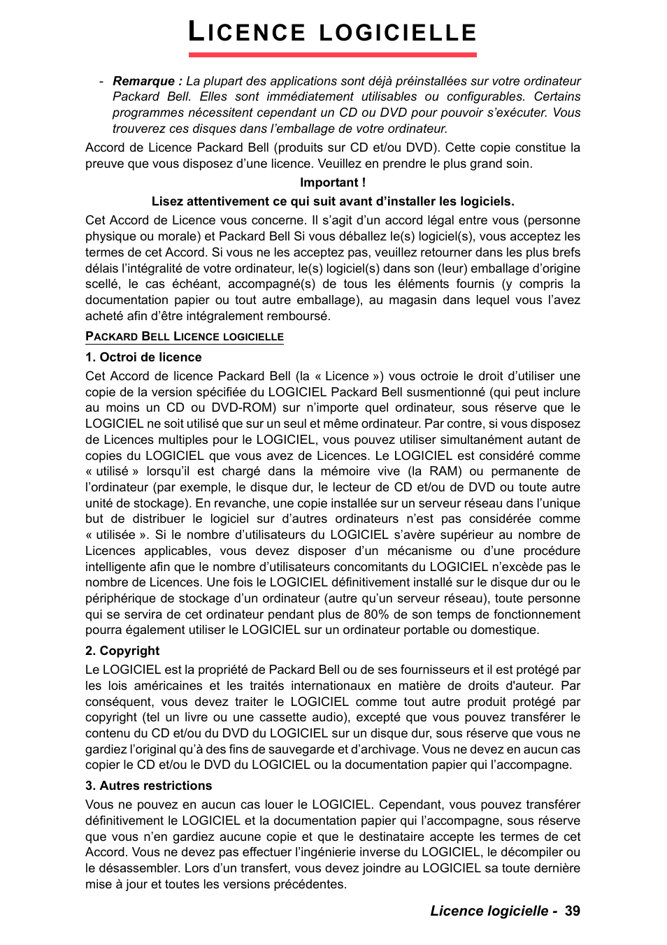 Licence logicielle, Icence, Logicielle | PACKARD BELL EN LV11HC Quick Start Guide User Manual | Page 79 / 920