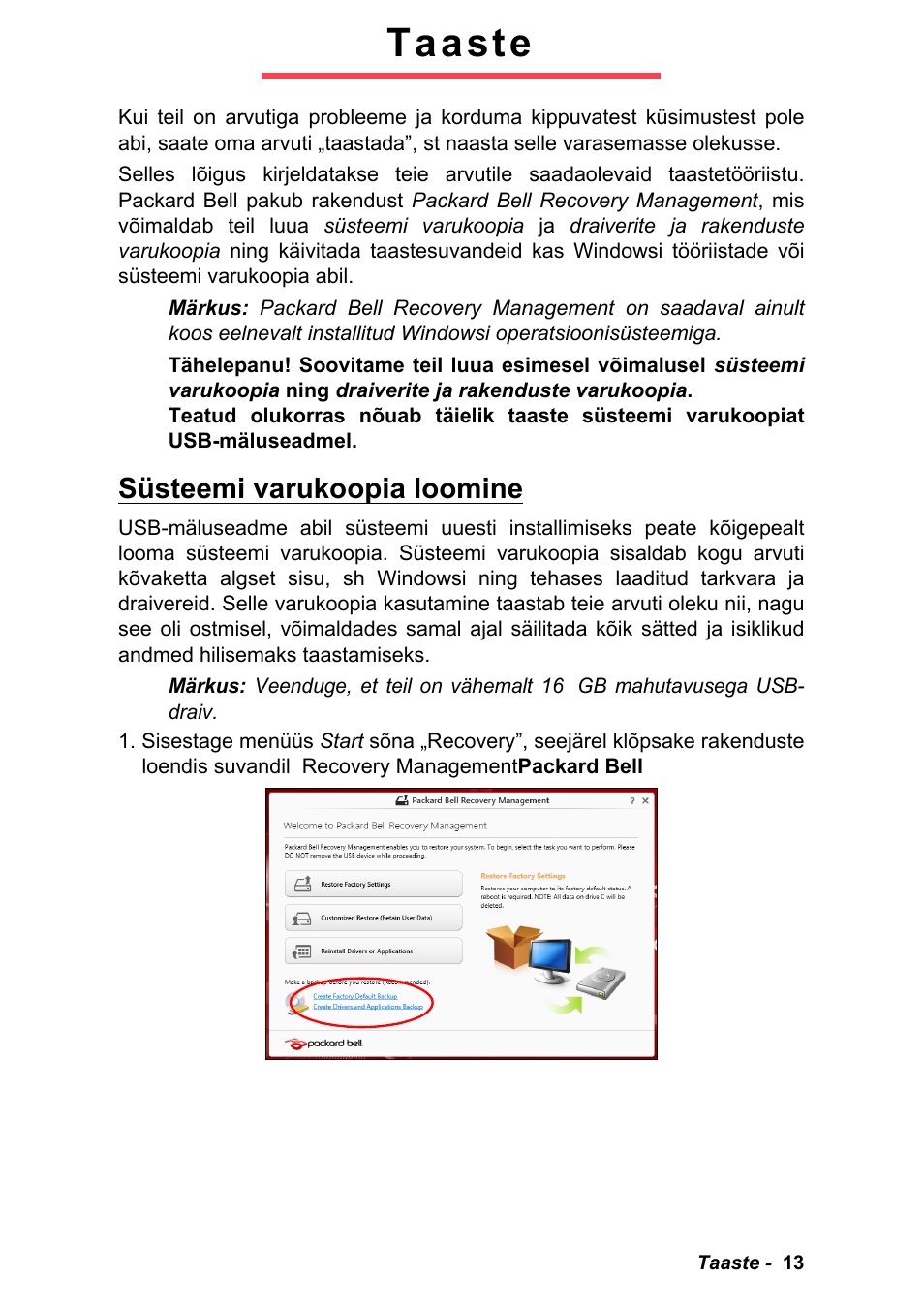 Taaste, Süsteemi varukoopia loomine | PACKARD BELL EN LV11HC Quick Start Guide User Manual | Page 815 / 920