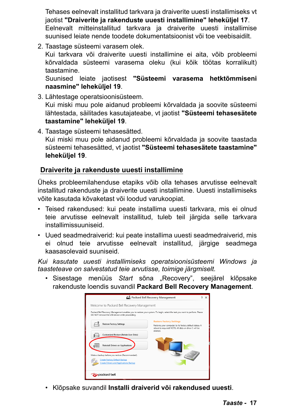 Draiverite ja rakenduste uuesti installimine | PACKARD BELL EN LV11HC Quick Start Guide User Manual | Page 819 / 920