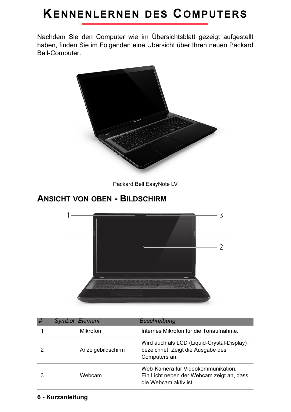 Kennenlernen des computers, Ansicht von oben - bildschirm, Packard bell easynote lv | Ennenlernen, Omputers | PACKARD BELL EN LV11HC Quick Start Guide User Manual | Page 86 / 920