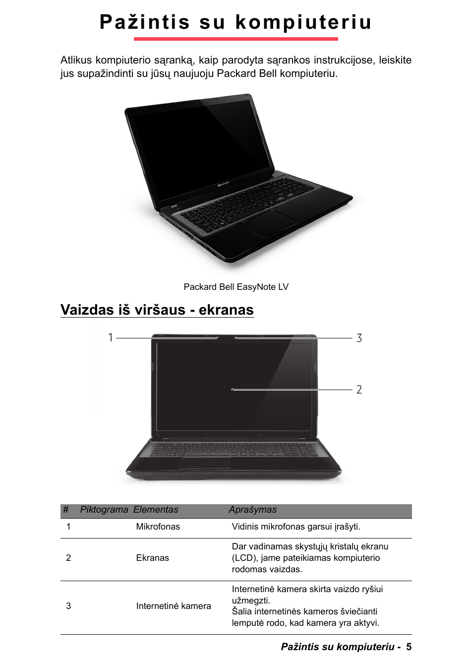 Pažintis su kompiuteriu, Vaizdas iš viršaus - ekranas, Packard bell easynote lv | PACKARD BELL EN LV11HC Quick Start Guide User Manual | Page 885 / 920