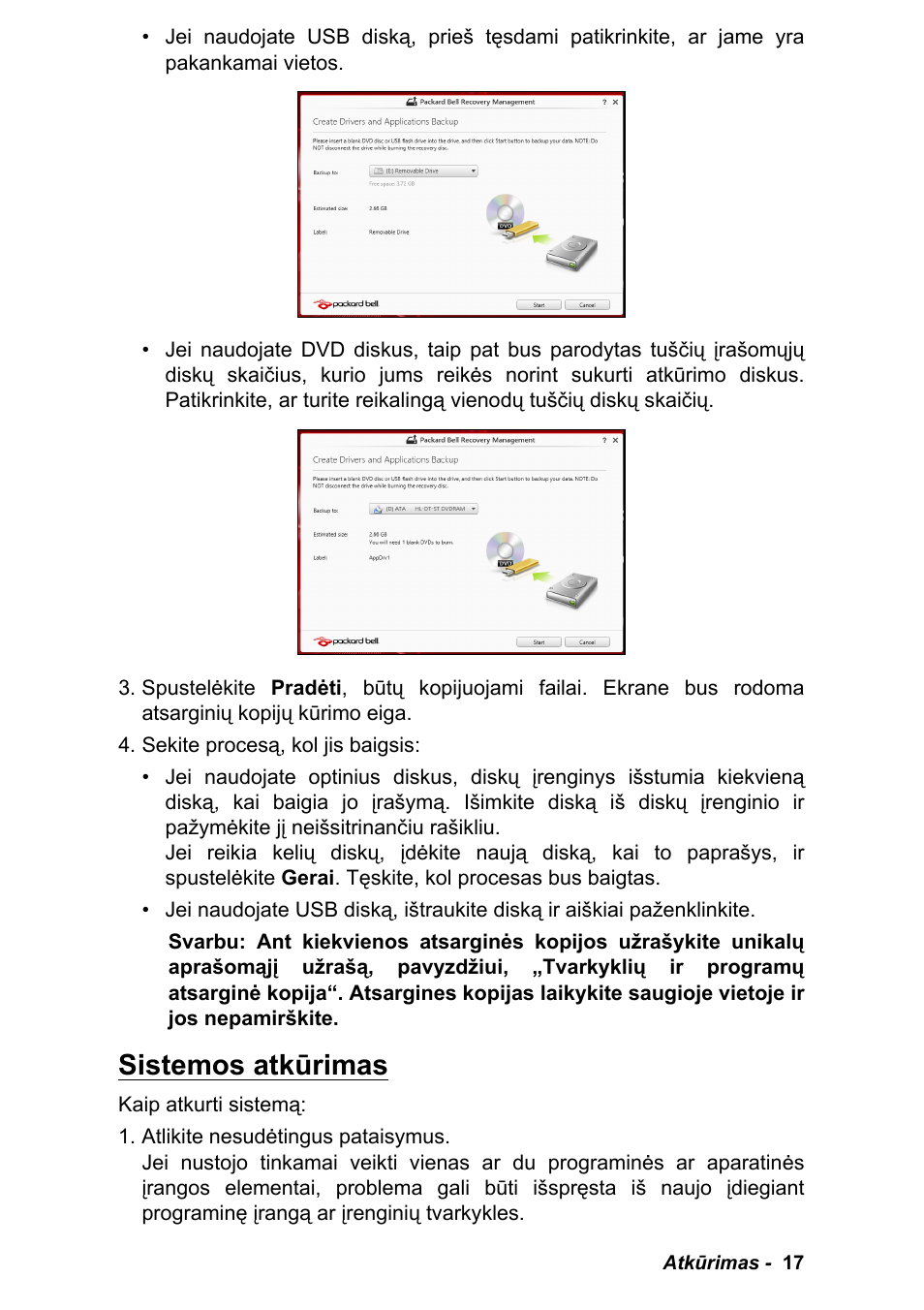 Sistemos atkūrimas | PACKARD BELL EN LV11HC Quick Start Guide User Manual | Page 897 / 920
